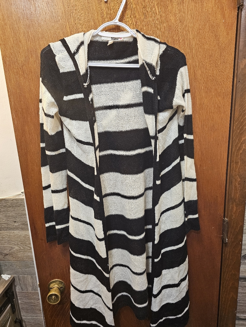 Striped Hooded Open-Front Long Cardigan Sweater - Black & Cream